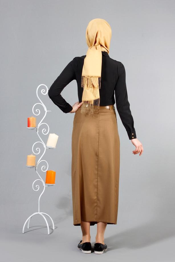 Vêtements hijab  T 3523 Hazalgül Kendinden Desenli  Kemerli Etek - TRENDTESETTÜR