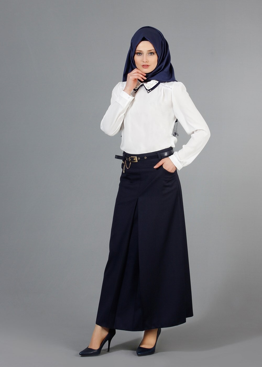 Vêtements hijab BLEU MARINE T 3523 Hazalgül Kendinden Desenli  Kemerli Etek