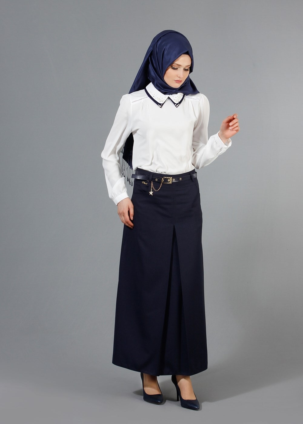 Vêtements hijab BLEU MARINE T 3523 Hazalgül Kendinden Desenli  Kemerli Etek