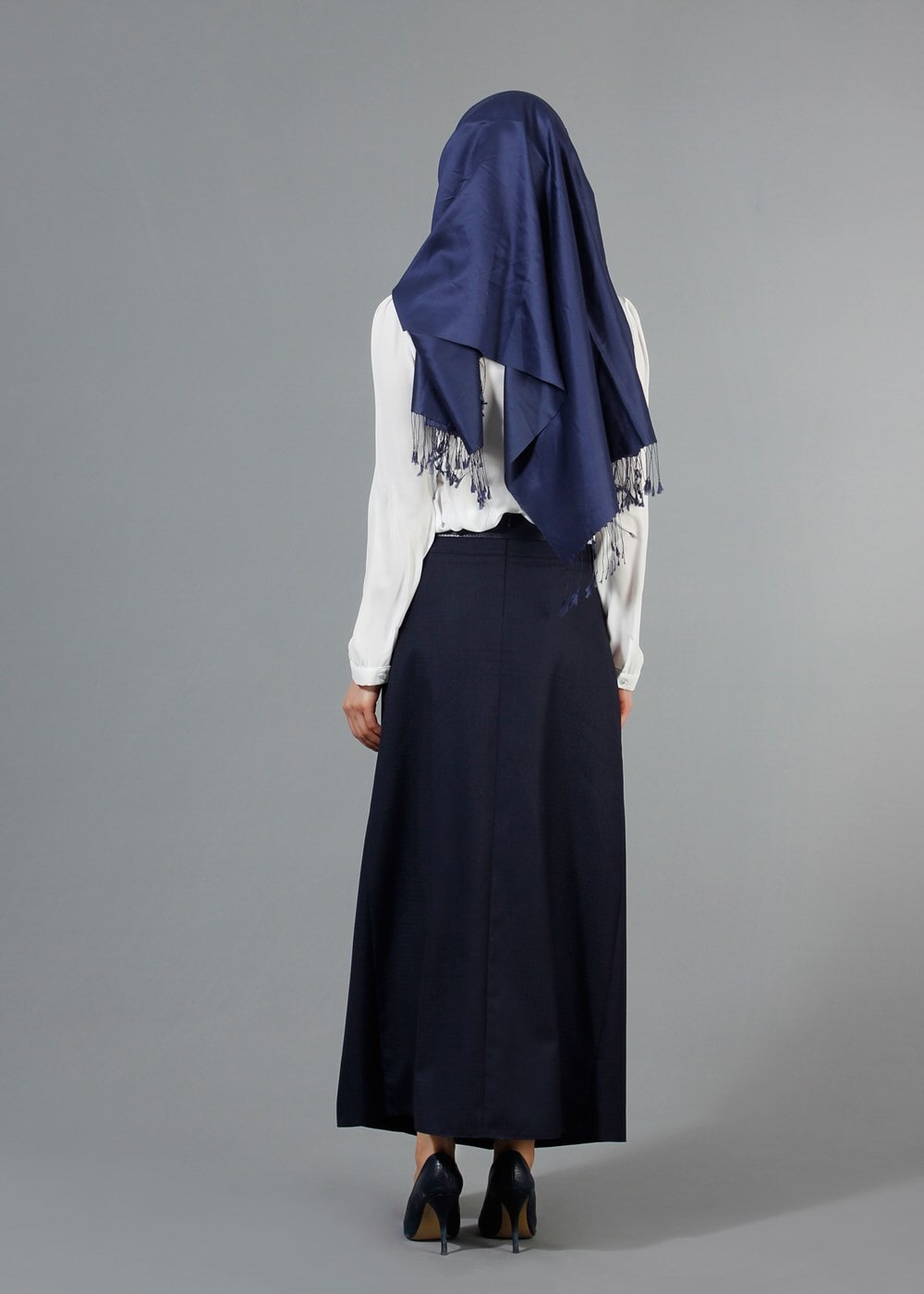 Vêtements hijab BLEU MARINE T 3523 Hazalgül Kendinden Desenli  Kemerli Etek