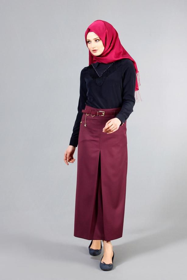 Vêtements hijab  T 3523 Hazalgül Kendinden Desenli  Kemerli Etek - TRENDTESETTÜR