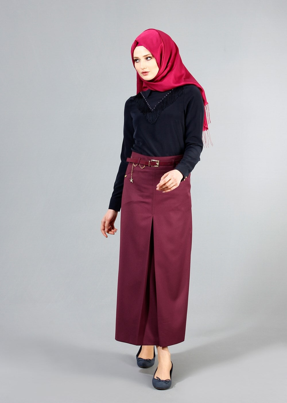 Hijab clothing PURPLE T 3523 Hazalgül Kendinden Desenli  Kemerli Etek