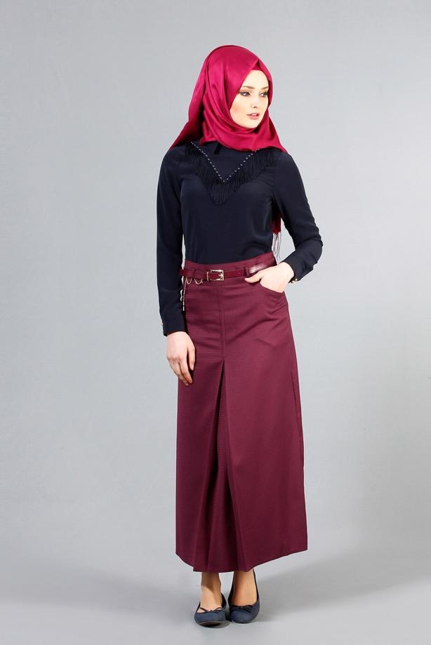 Vêtements hijab  T 3523 Hazalgül Kendinden Desenli  Kemerli Etek - TRENDTESETTÜR