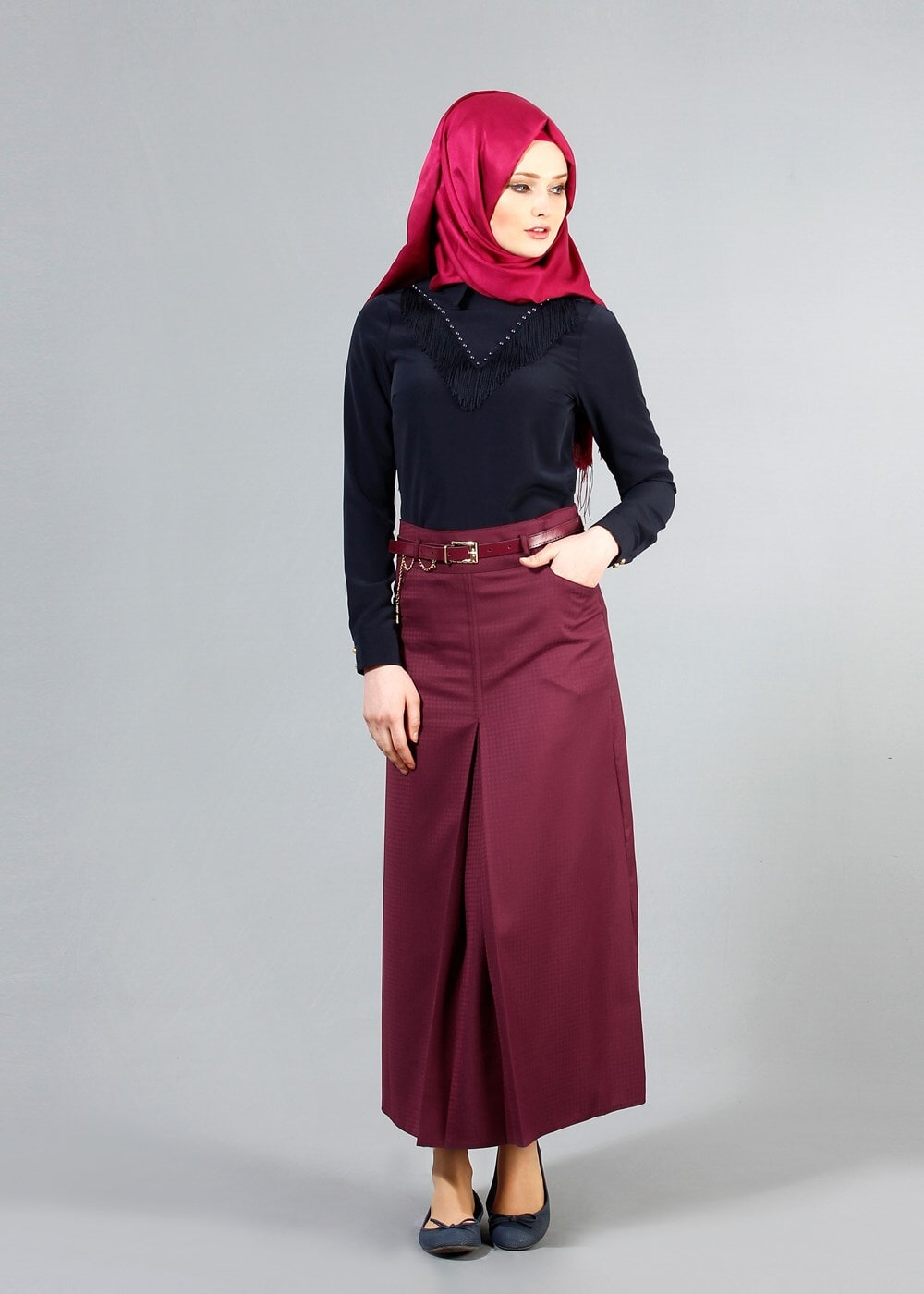 Hijab clothing PURPLE T 3523 Hazalgül Kendinden Desenli  Kemerli Etek