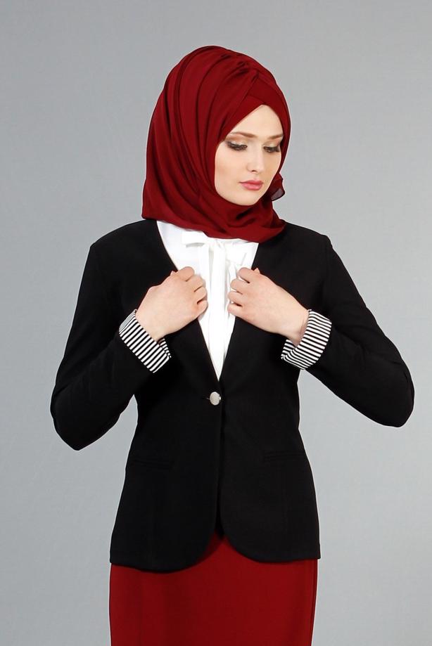 Vêtements hijab  T 4083 Kaside Çizgili Garnili Ceket - TRENDTESETTÜR
