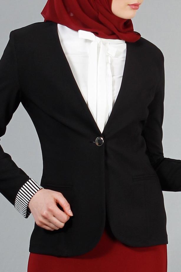 Vêtements hijab  T 4083 Kaside Çizgili Garnili Ceket - TRENDTESETTÜR