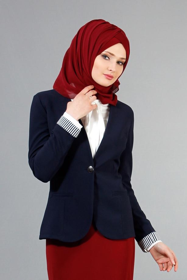 Vêtements hijab  T 4083 Kaside Çizgili Garnili Ceket - TRENDTESETTÜR