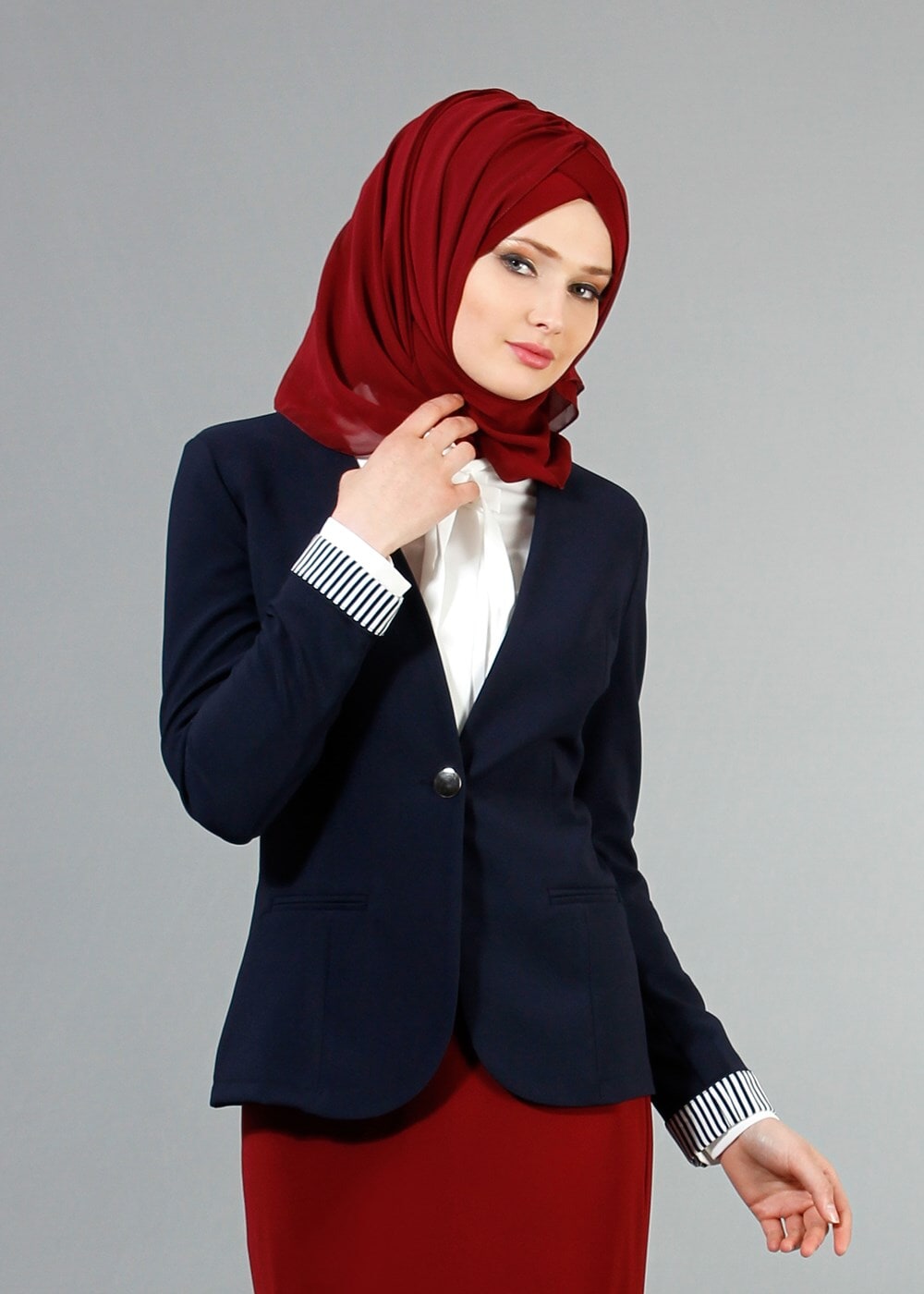 Hijab clothing NAVY BLUE T 4083 Kaside Çizgili Garnili Ceket