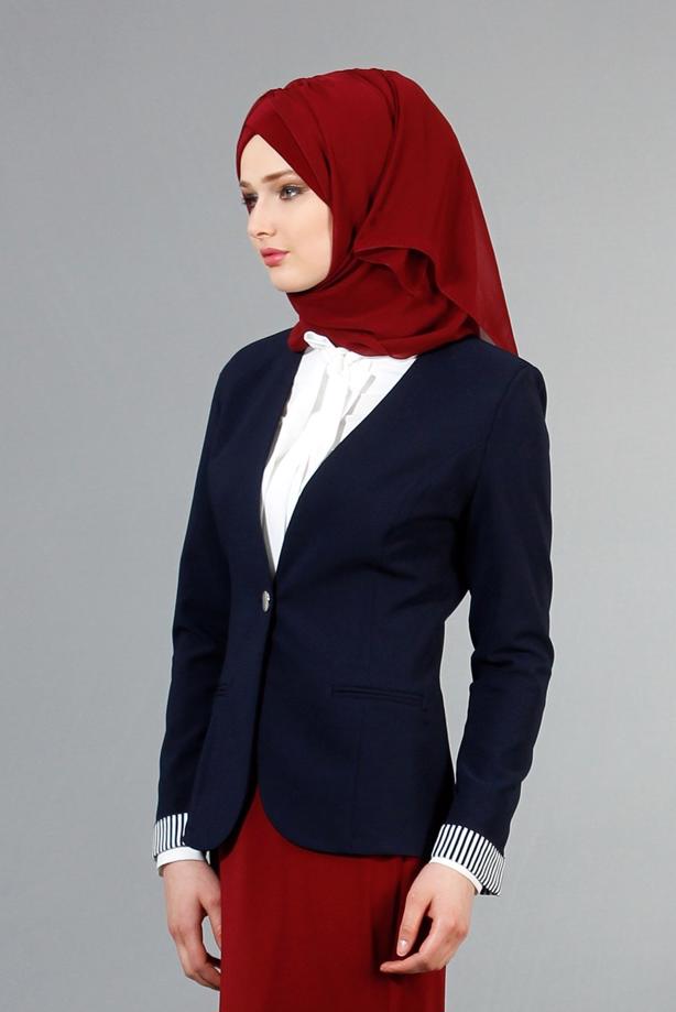 Vêtements hijab  T 4083 Kaside Çizgili Garnili Ceket - TRENDTESETTÜR