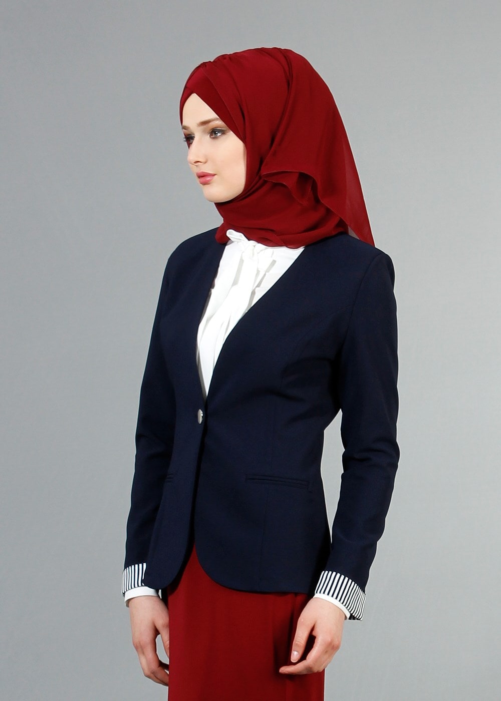 Hijab clothing NAVY BLUE T 4083 Kaside Çizgili Garnili Ceket