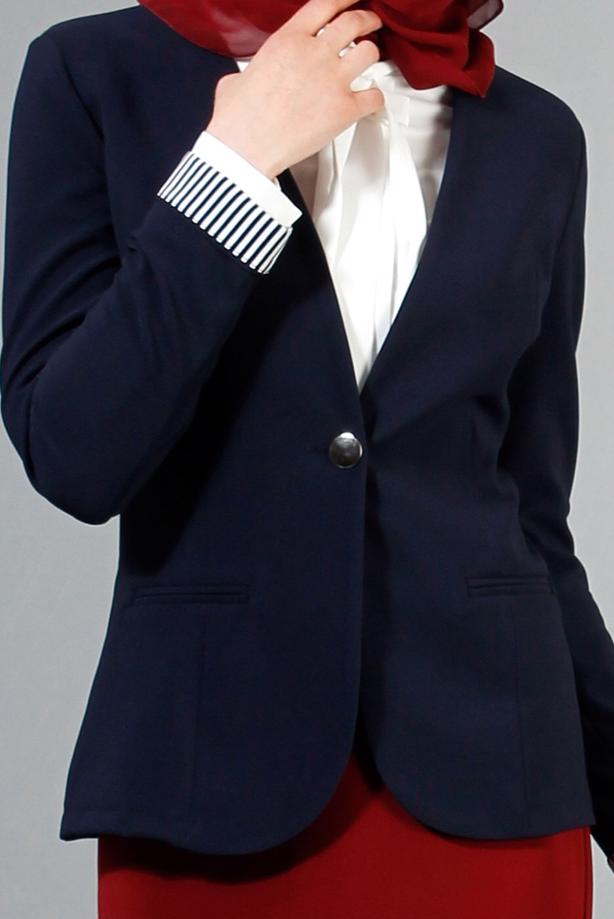 Vêtements hijab  T 4083 Kaside Çizgili Garnili Ceket - TRENDTESETTÜR