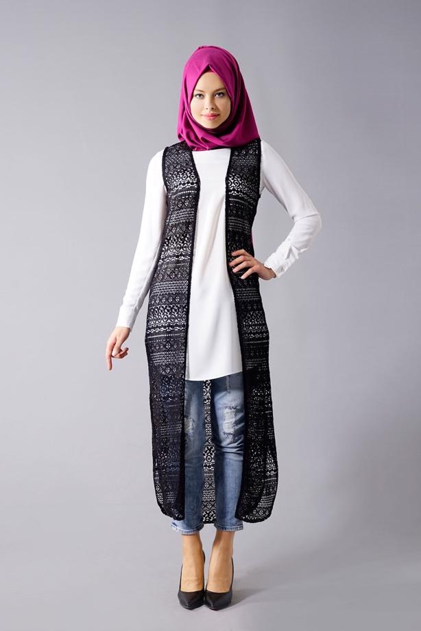 Vêtements hijab  T 14012 Quzu Dantel Desenli Tesettür Yelek - TRENDTESETTÜR