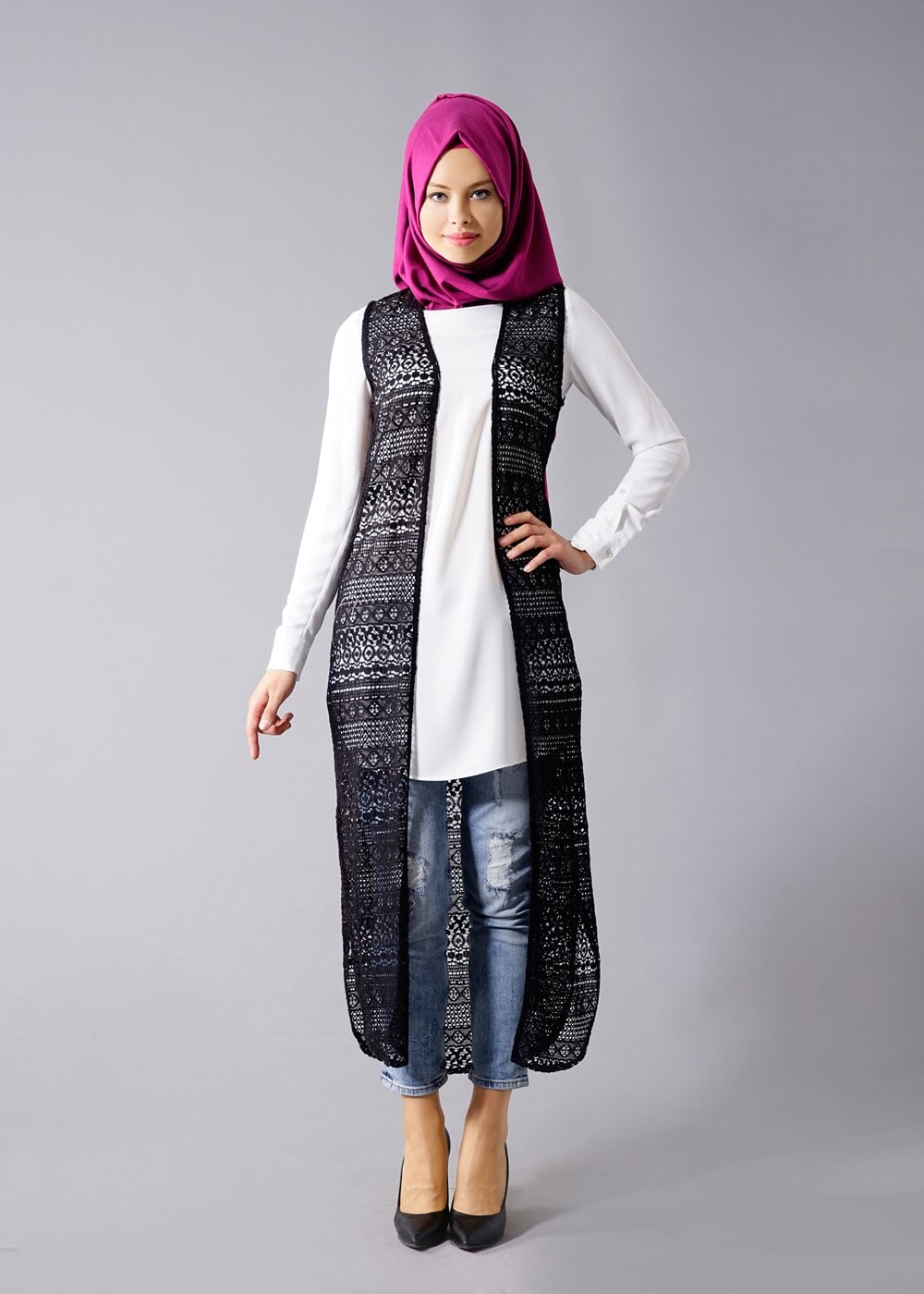 Hijab clothing BLACK T 14012 Quzu Dantel Desenli Tesettür Yelek