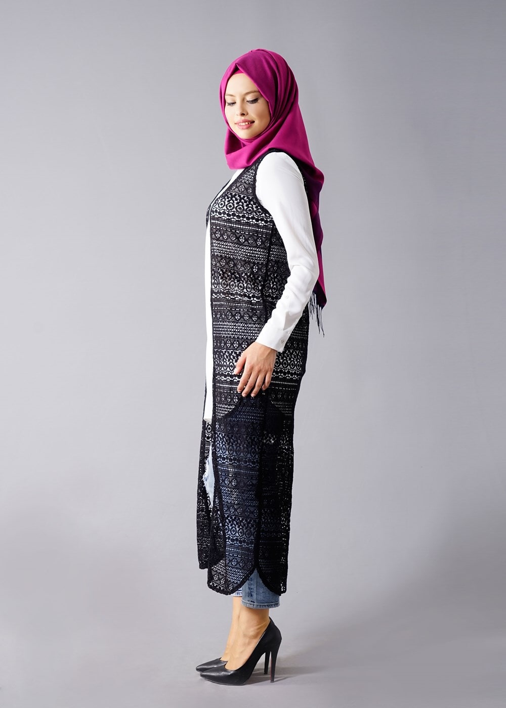 Hijab clothing BLACK T 14012 Quzu Dantel Desenli Tesettür Yelek
