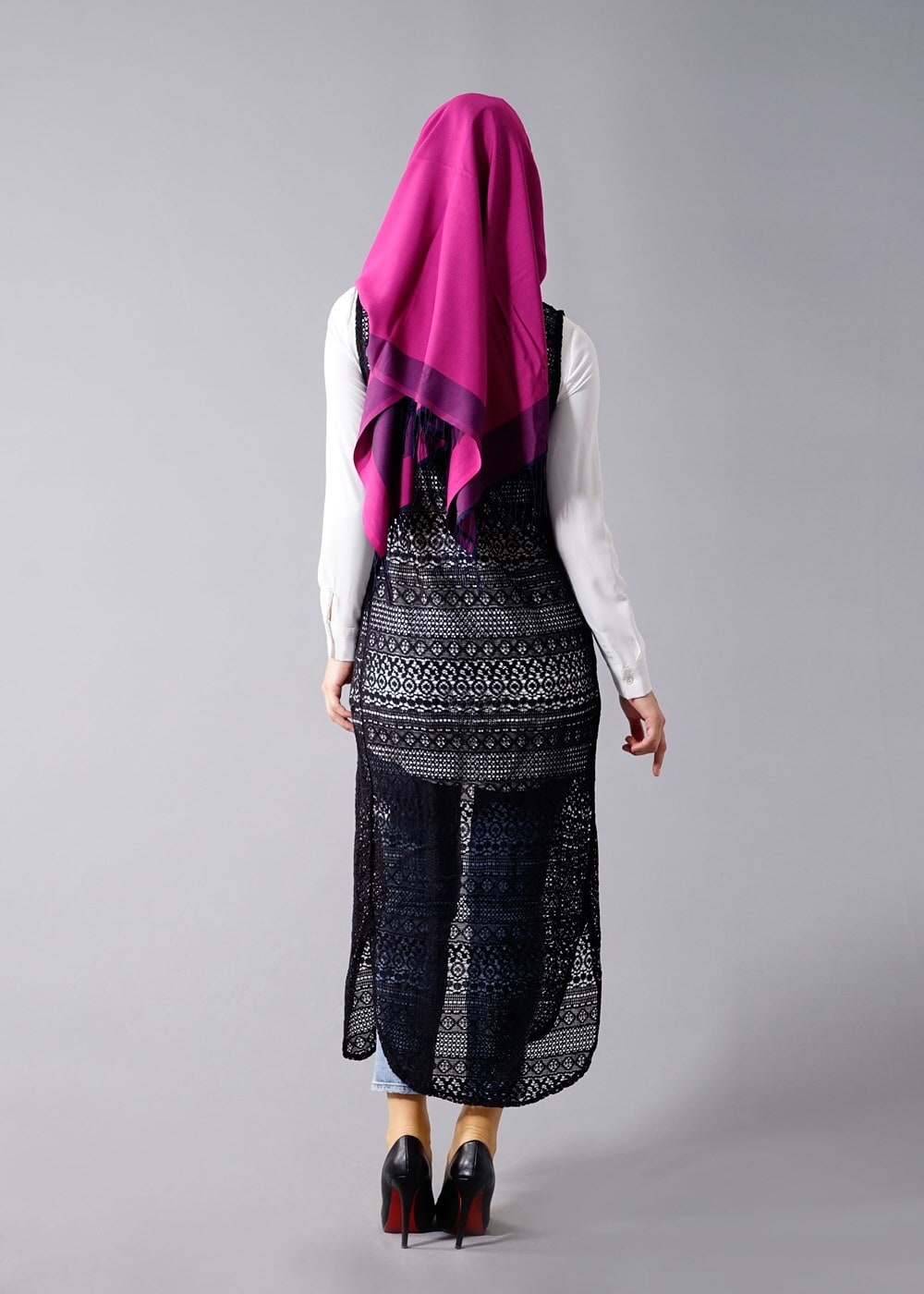 Hijab clothing BLACK T 14012 Quzu Dantel Desenli Tesettür Yelek