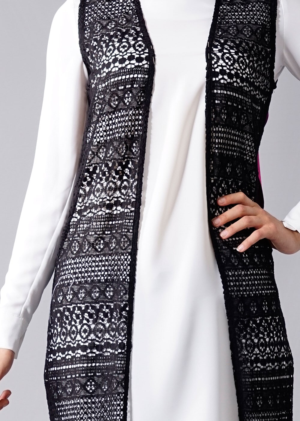 Hijab clothing BLACK T 14012 Quzu Dantel Desenli Tesettür Yelek