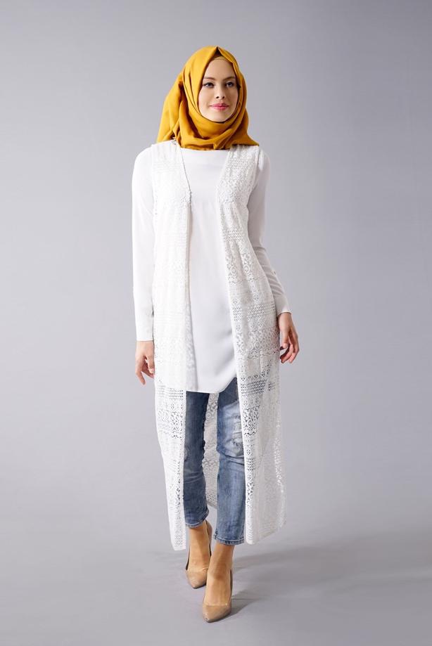 Vêtements hijab  T 14012 Quzu Dantel Desenli Tesettür Yelek - TRENDTESETTÜR