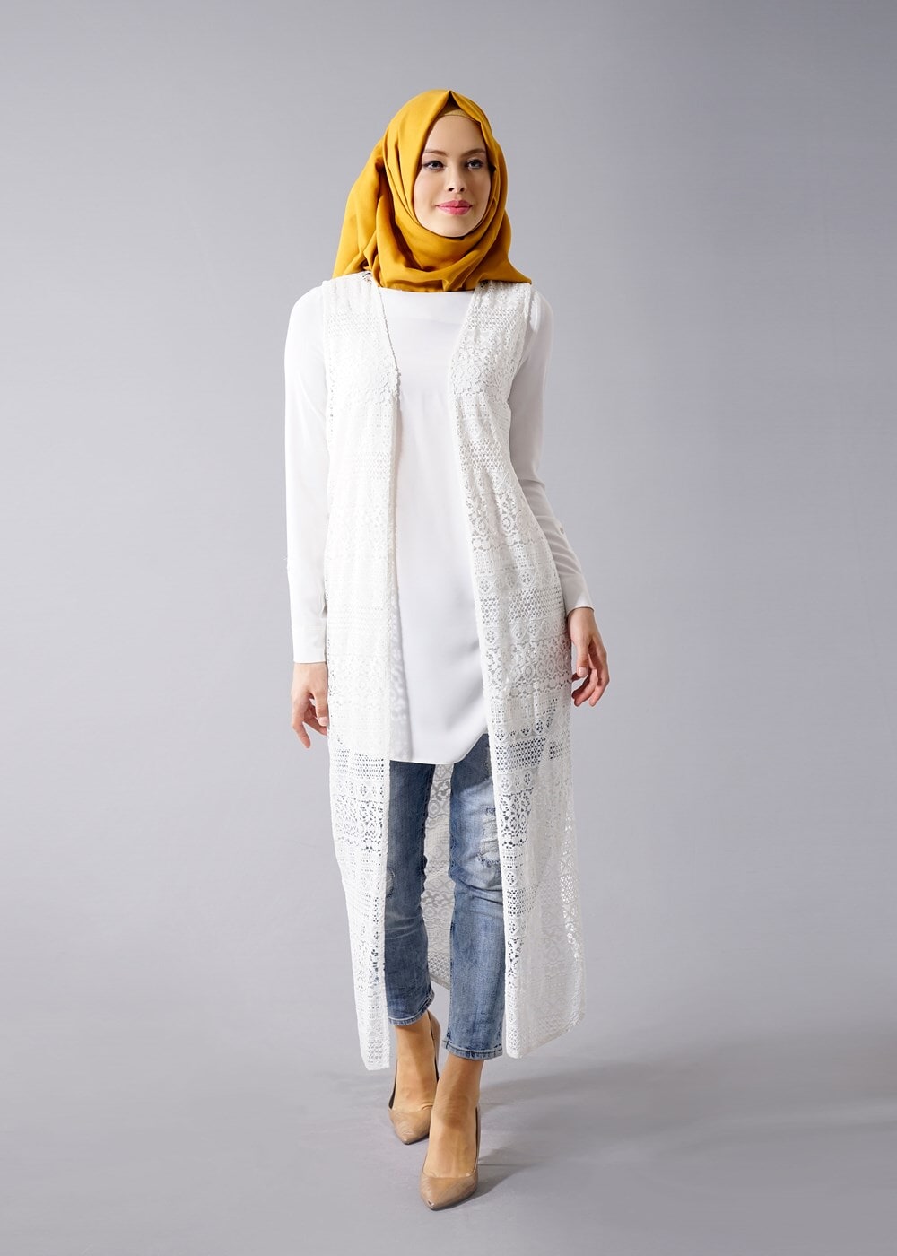 Hijab clothing ECRU T 14012 Quzu Dantel Desenli Tesettür Yelek