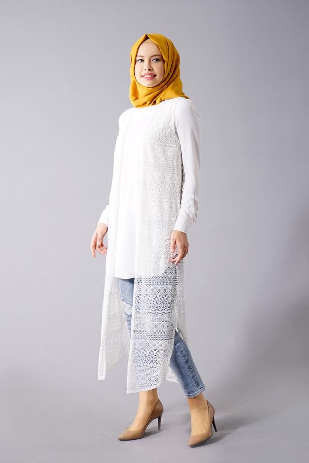Vêtements hijab  T 14012 Quzu Dantel Desenli Tesettür Yelek - TRENDTESETTÜR