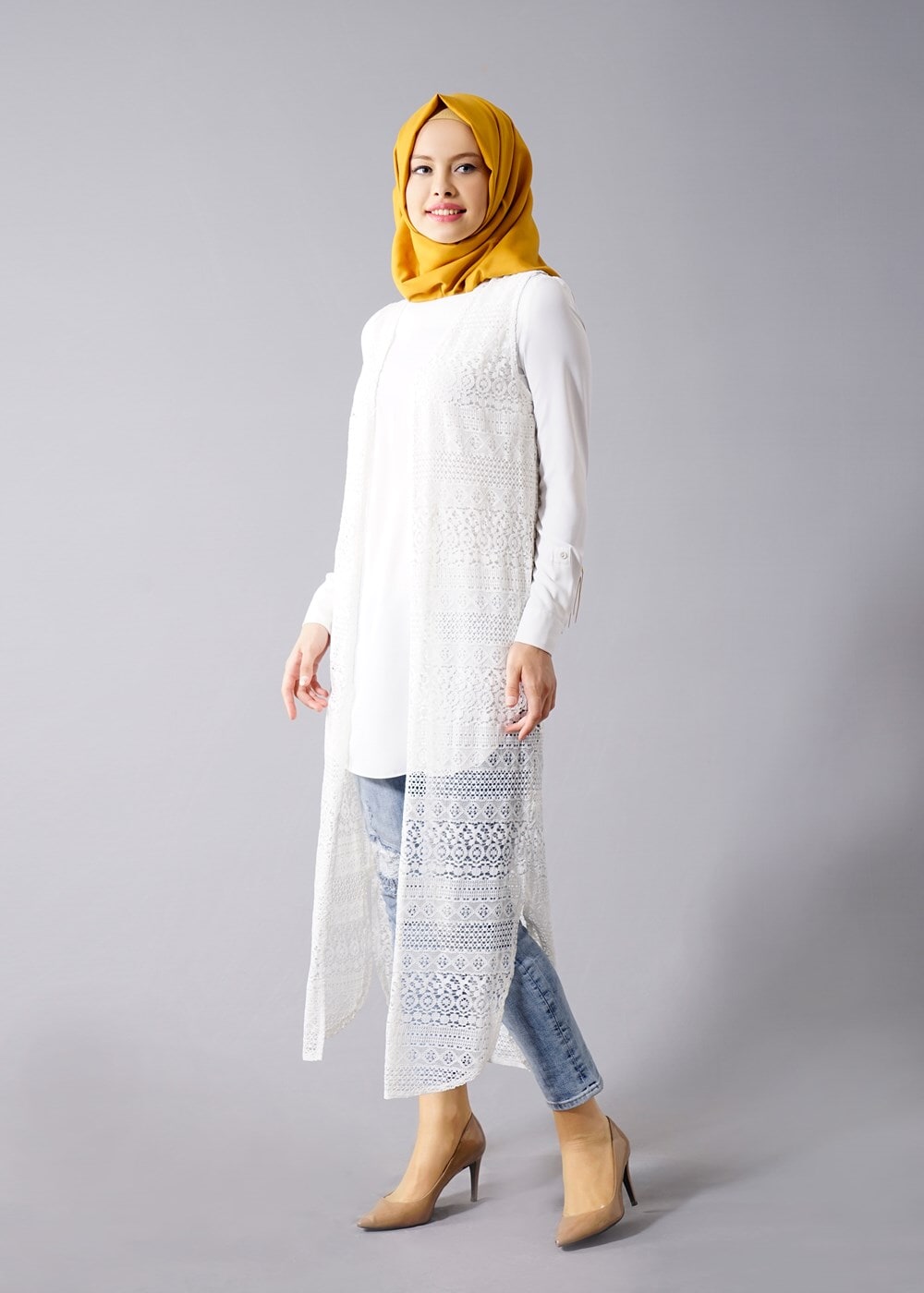 Vêtements hijab ÉCRU T 14012 Quzu Dantel Desenli Tesettür Yelek