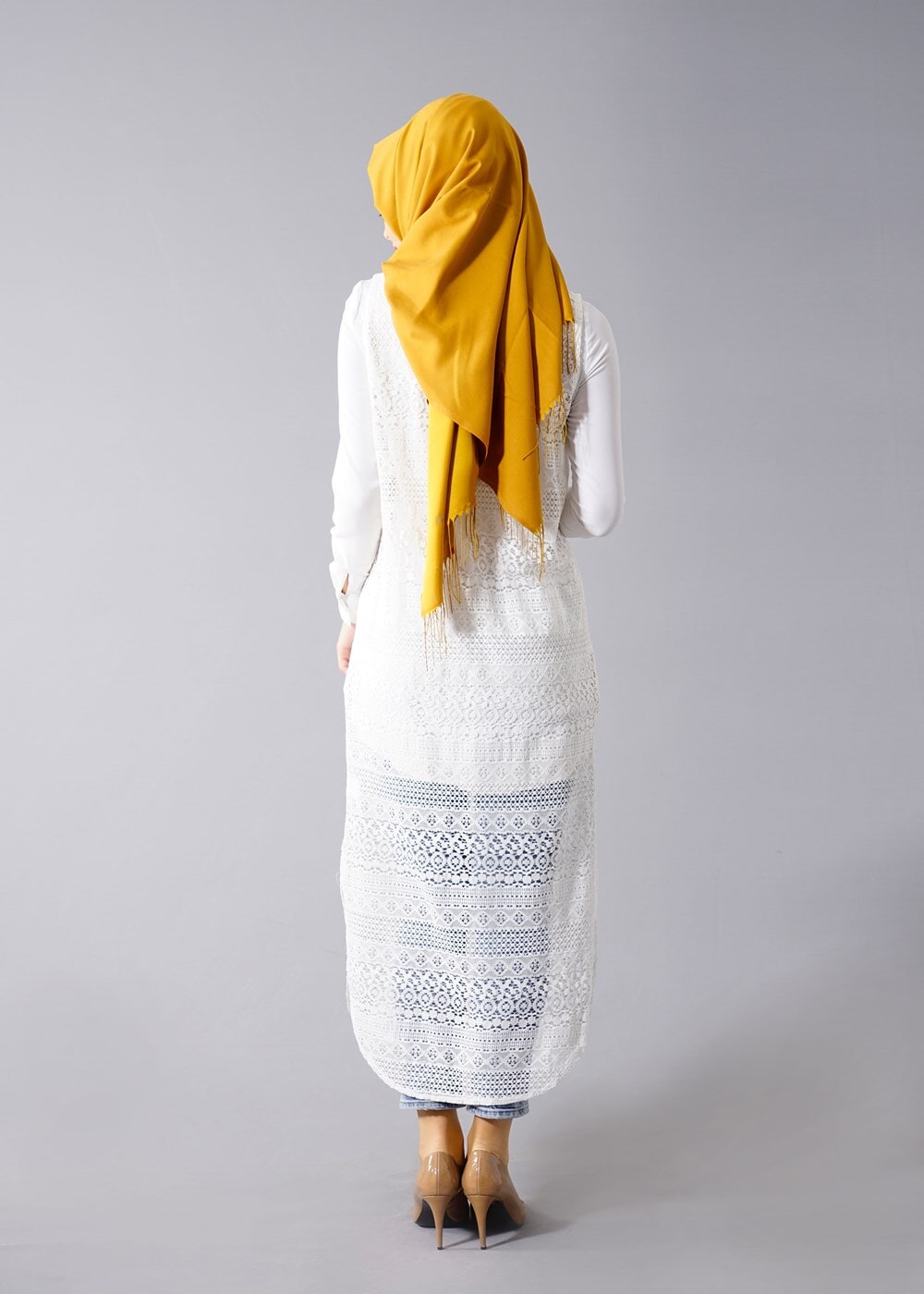 Vêtements hijab ÉCRU T 14012 Quzu Dantel Desenli Tesettür Yelek