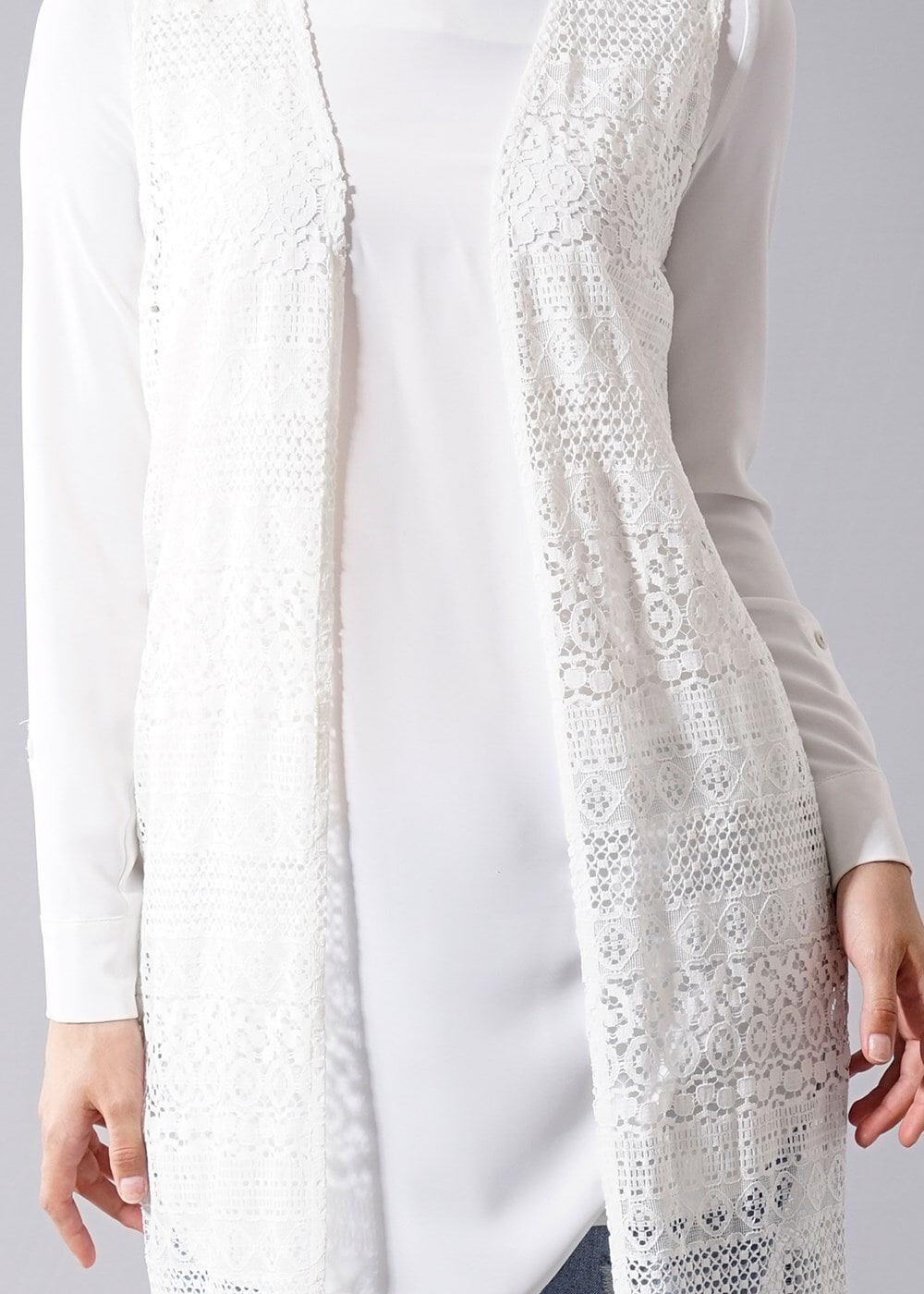 Vêtements hijab ÉCRU T 14012 Quzu Dantel Desenli Tesettür Yelek