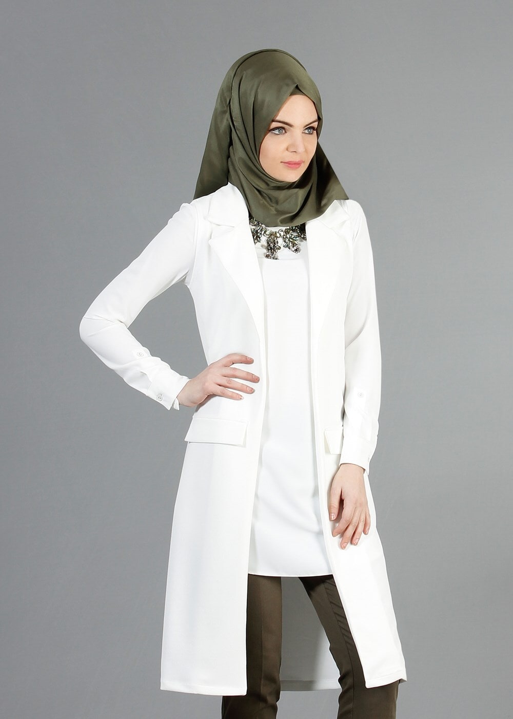 Hijab clothing CREAM T 14051 Quzu Erkek Yaka Yelek