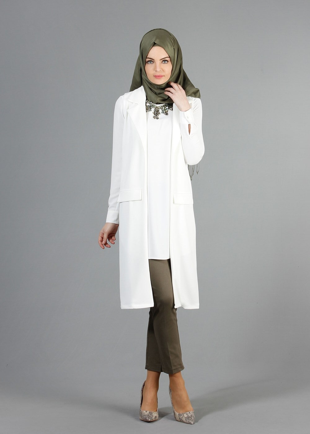 Hijab clothing CREAM T 14051 Quzu Erkek Yaka Yelek