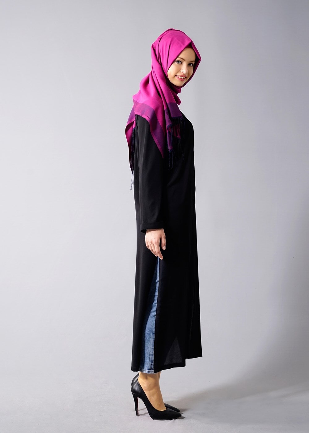 Vêtements hijab NOIR VESTE LONGUE AVEC FENTES 50162