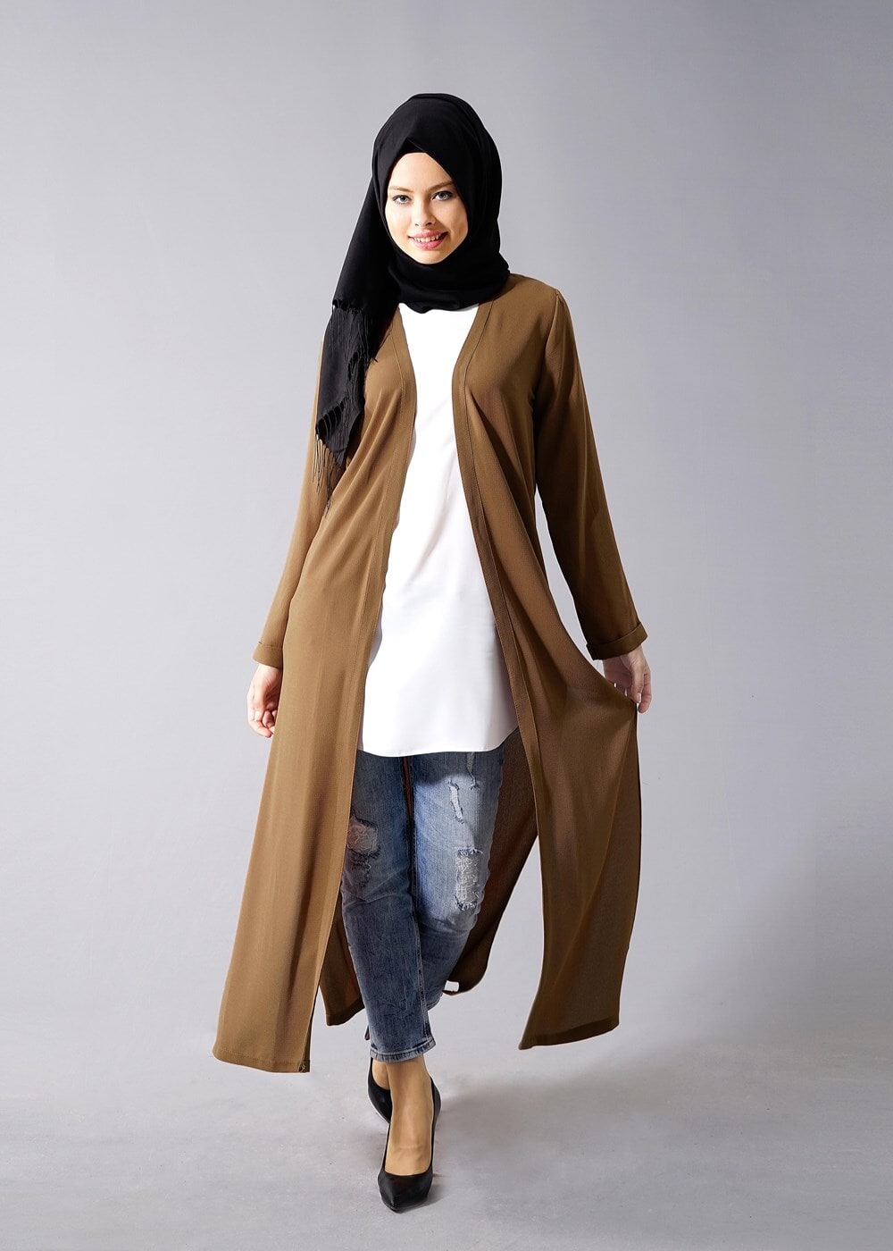 Hijab clothing BROWN SLIT DETAIL LONG JACKET 50162 