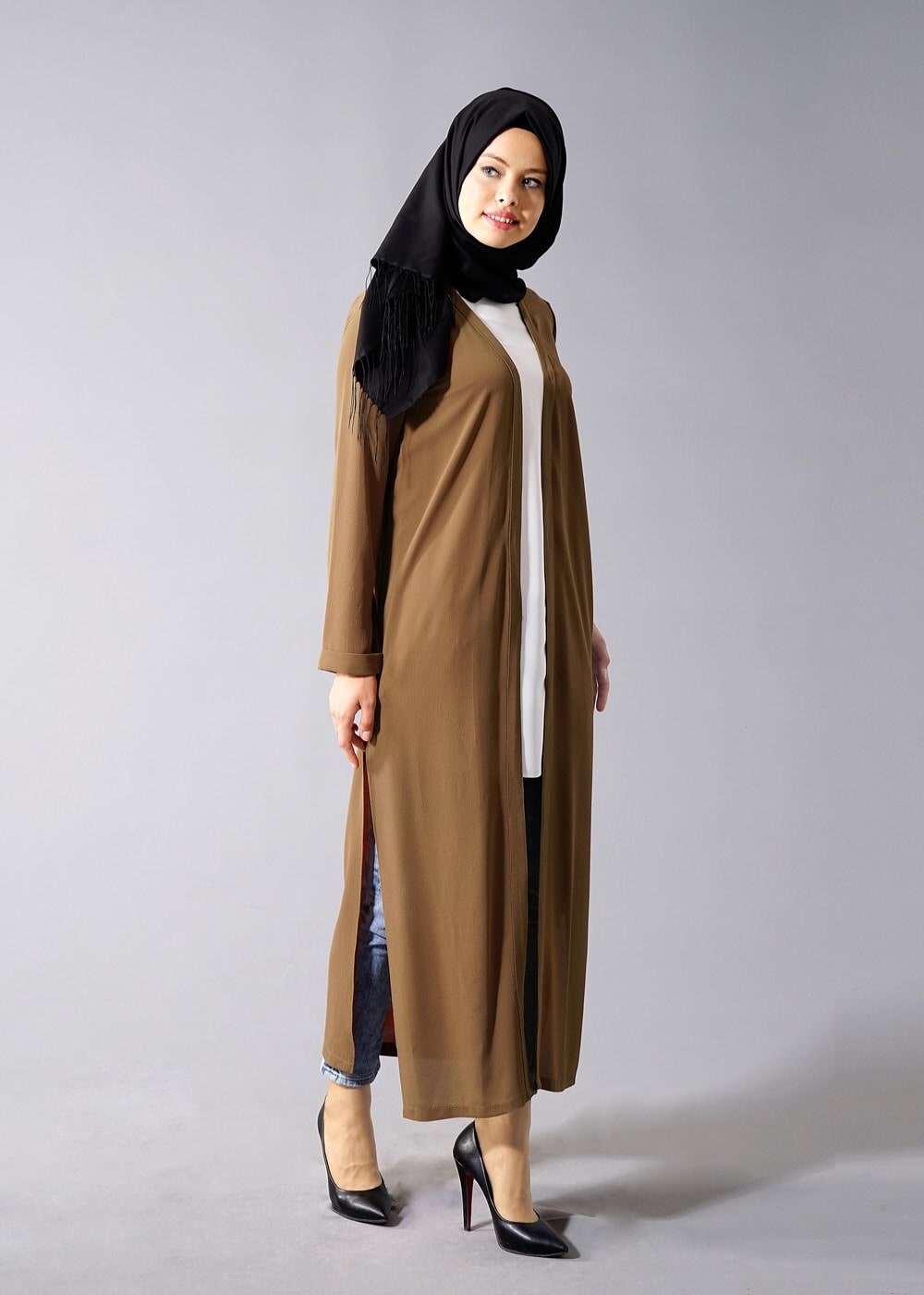 Hijab clothing BROWN SLIT DETAIL LONG JACKET 50162 