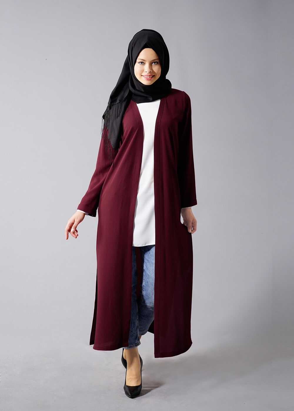 Vêtements hijab ROUGE BORDEAUX VESTE LONGUE AVEC FENTES 50162