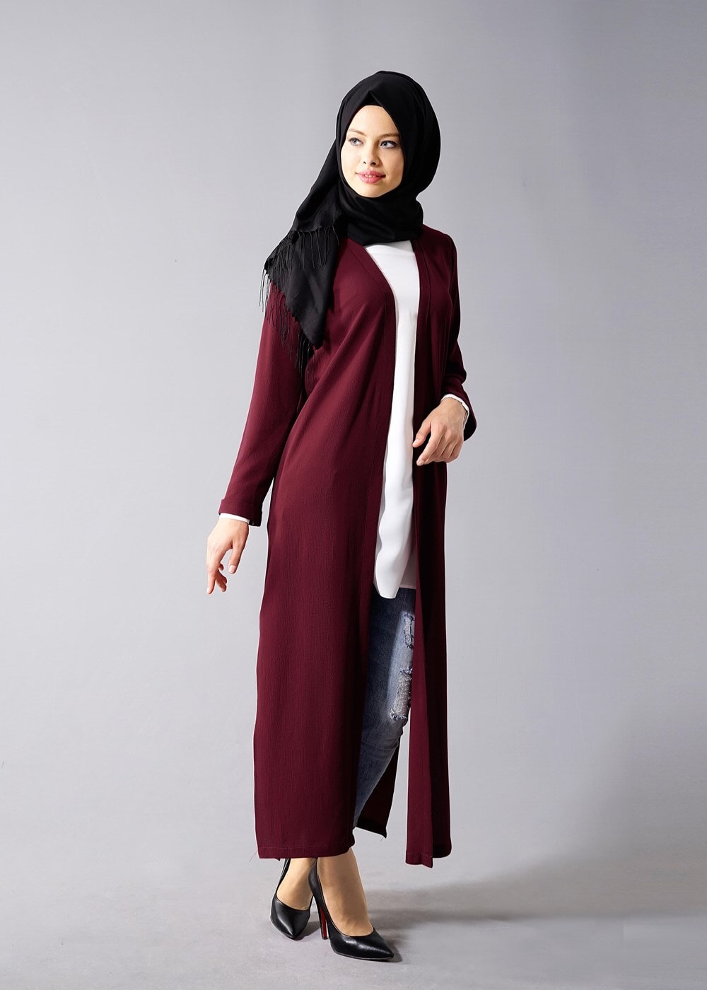 Vêtements hijab ROUGE BORDEAUX VESTE LONGUE AVEC FENTES 50162