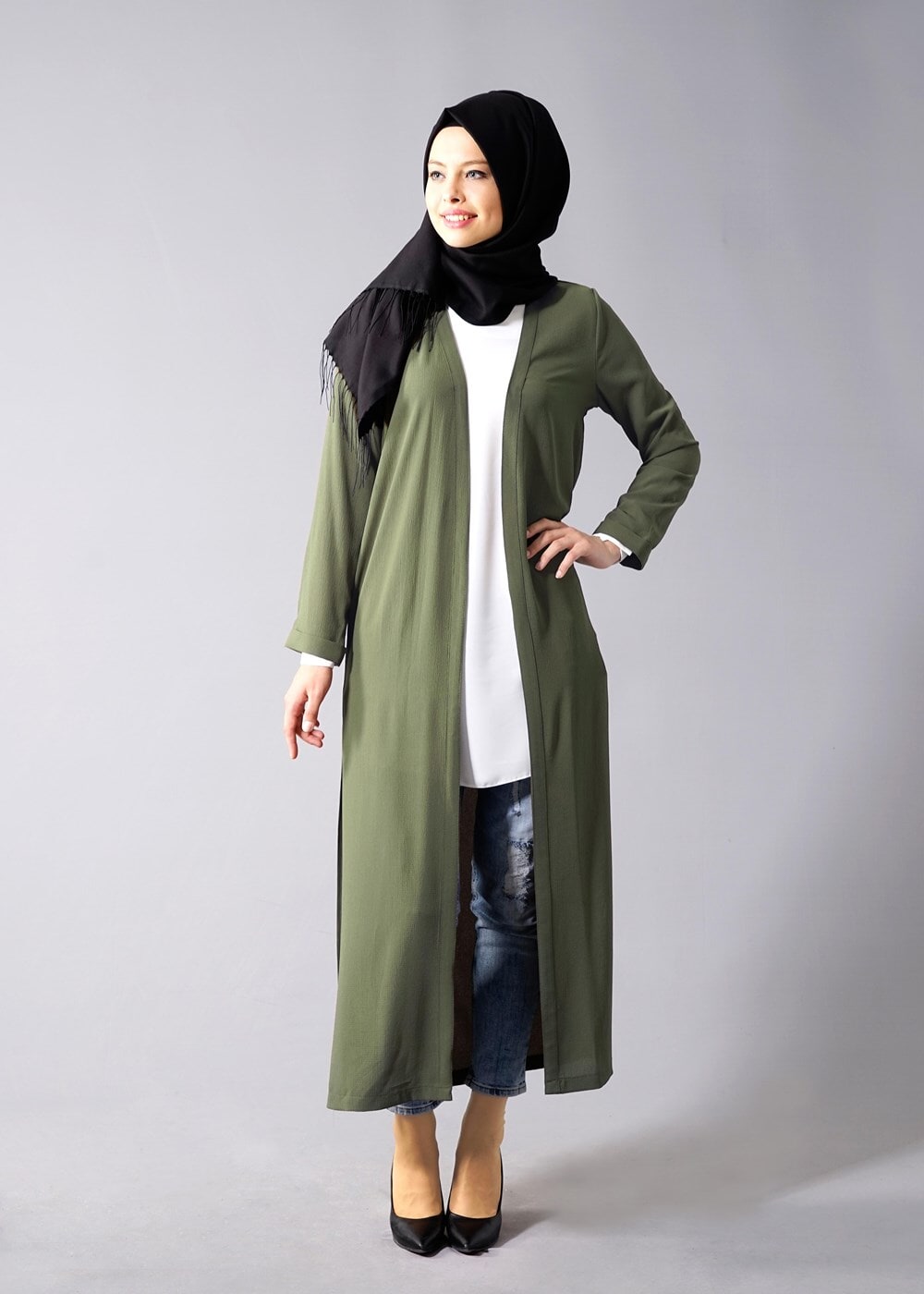 Hijab clothing KHAKI SLIT DETAIL LONG JACKET 50162 