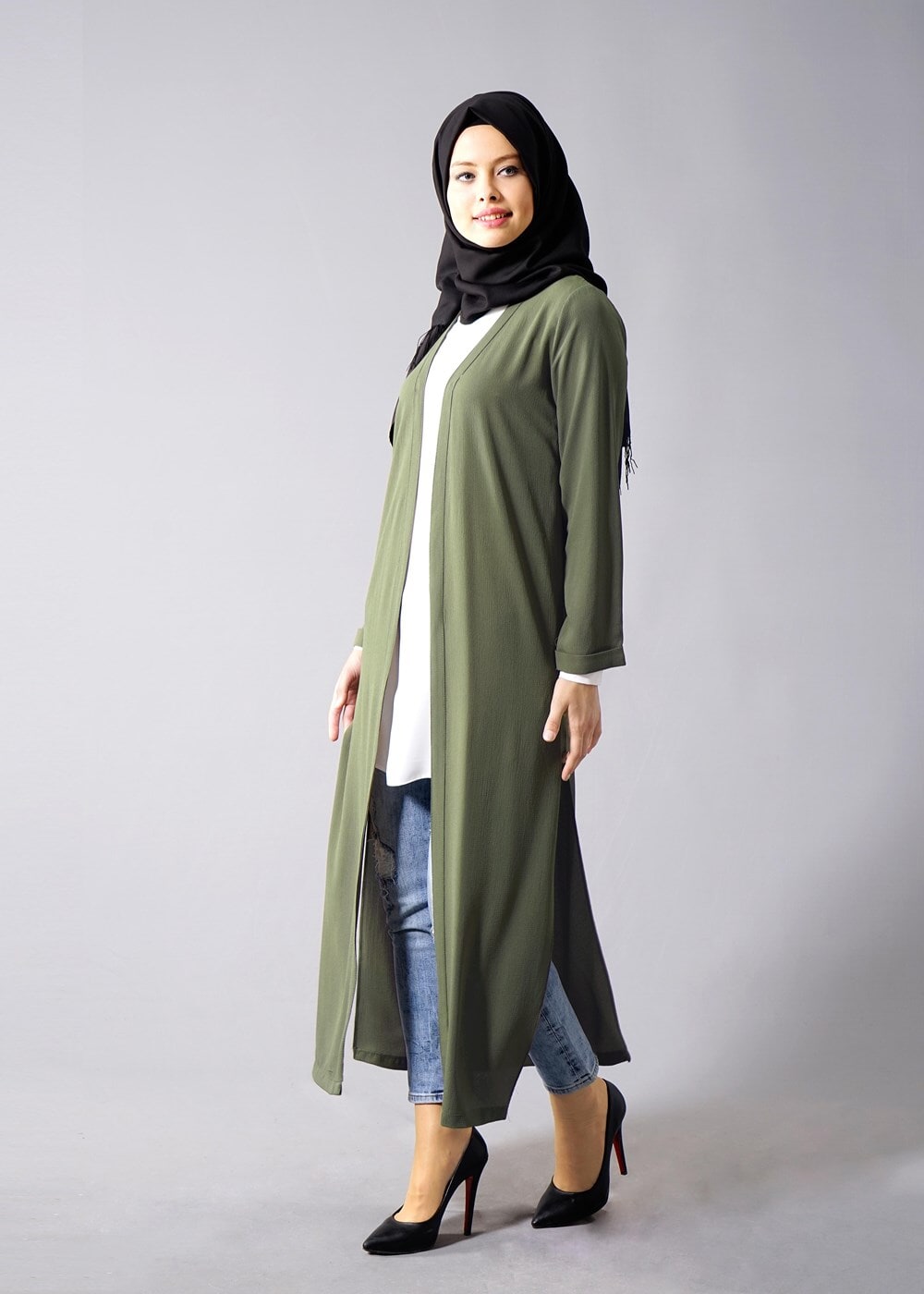 Hijab clothing KHAKI SLIT DETAIL LONG JACKET 50162 