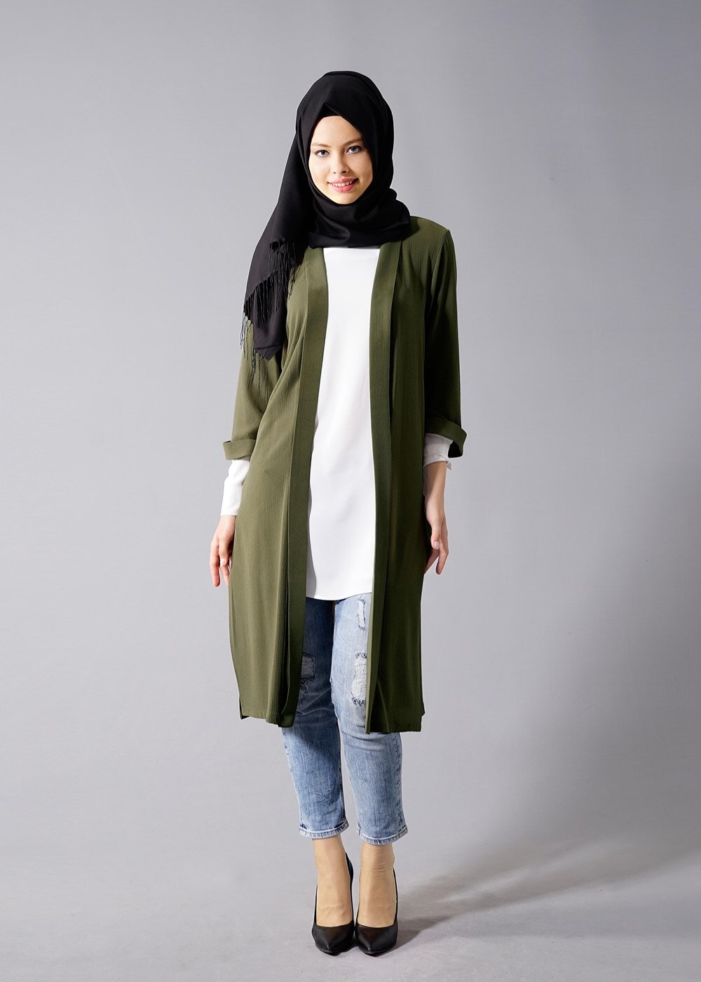 Hijab clothing KHAKI TOPPER JACKET WITH SLITS 50217