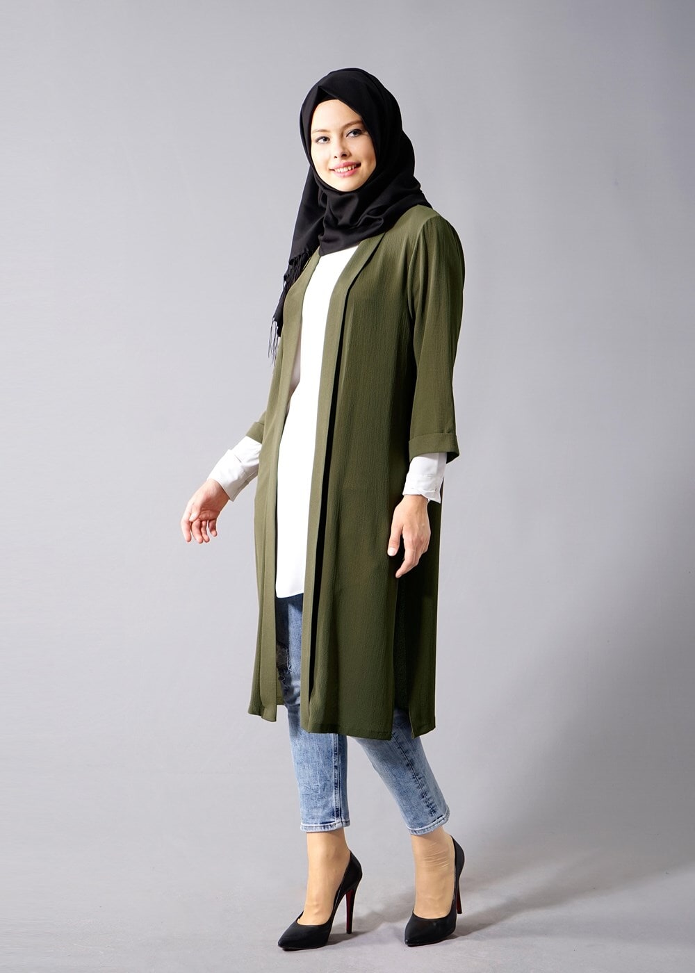 Hijab clothing KHAKI TOPPER JACKET WITH SLITS 50217