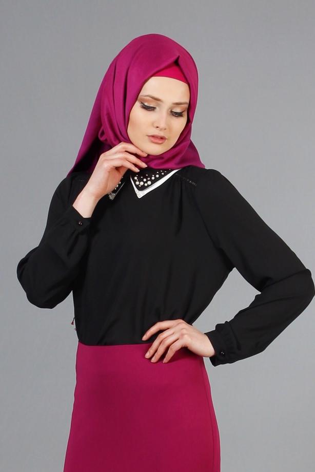 Vêtements hijab  T 3906 Lafaba Yakası Taşlı Bluz - TRENDTESETTÜR