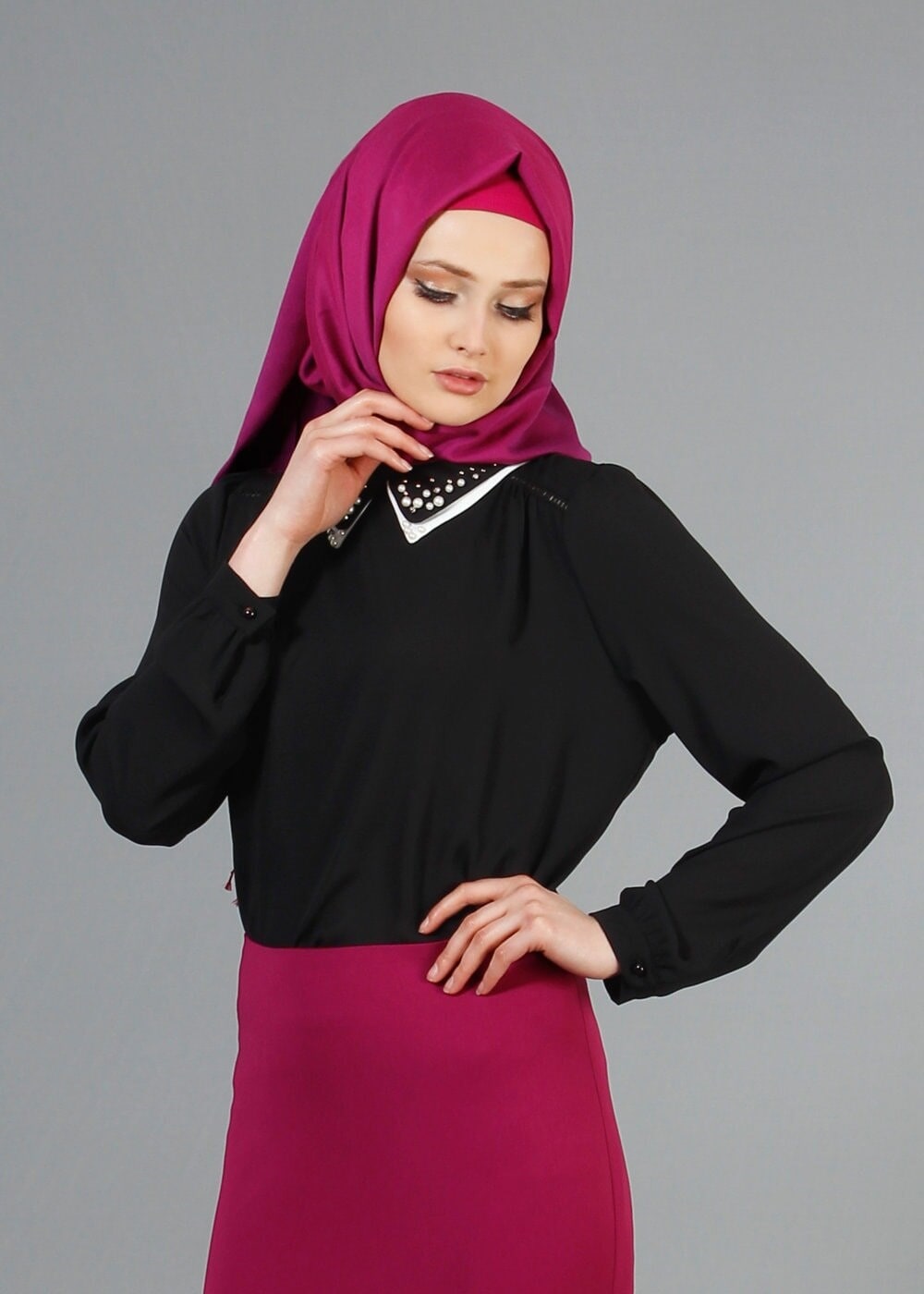 Vêtements hijab NOIR T 3906 Lafaba Yakası Taşlı Bluz