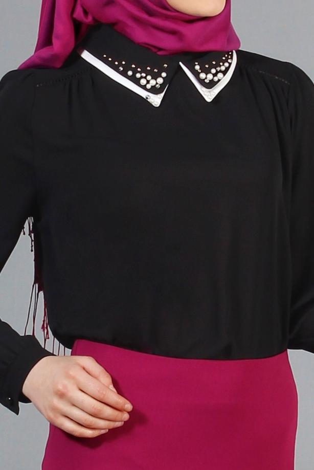 Vêtements hijab  T 3906 Lafaba Yakası Taşlı Bluz - TRENDTESETTÜR