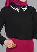 Vêtements hijab NOIR T 3906 Lafaba Yakası Taşlı Bluz