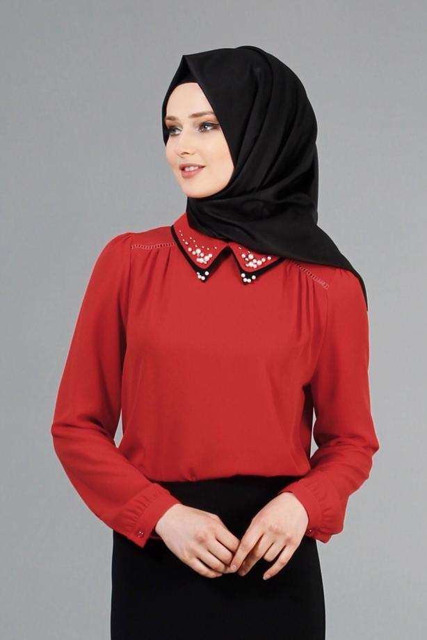 Hijab-Kleidung  T 3906 Lafaba Yakası Taşlı Bluz - TRENDTESETTÜR