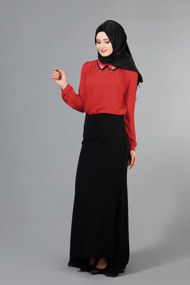 Hijab-Kleidung  T 3906 Lafaba Yakası Taşlı Bluz - TRENDTESETTÜR