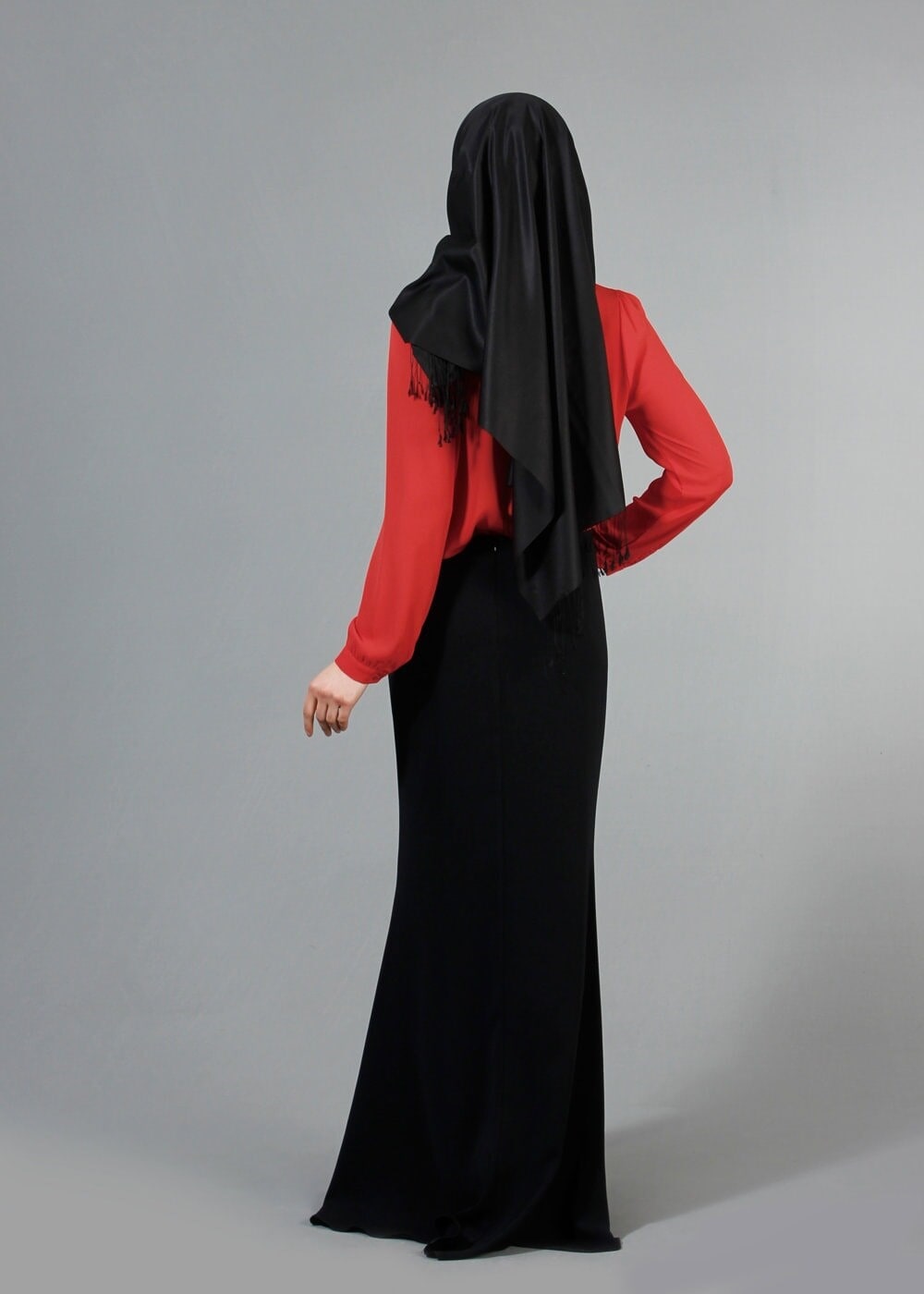 Tesettür giyim KIRMIZI T 3906 Lafaba Yakası Taşlı Bluz