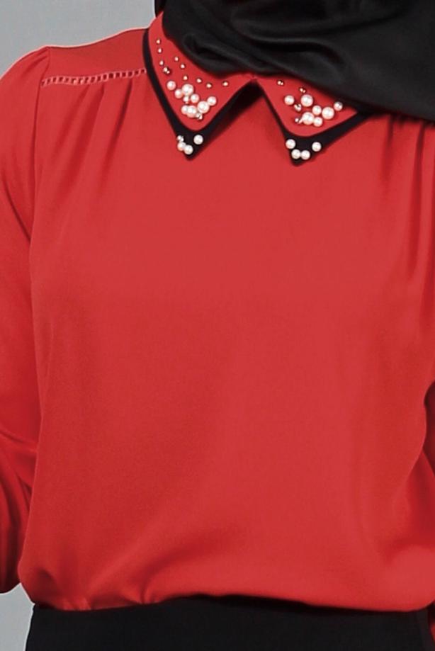 Hijab-Kleidung  T 3906 Lafaba Yakası Taşlı Bluz - TRENDTESETTÜR