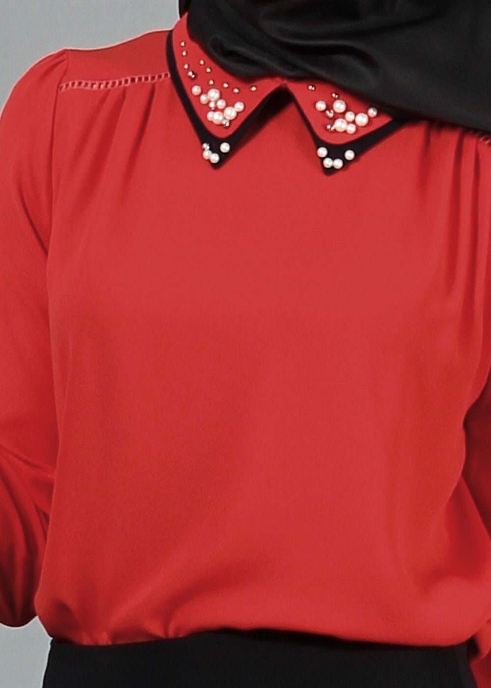 Tesettür giyim KIRMIZI T 3906 Lafaba Yakası Taşlı Bluz