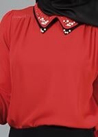 Tesettür giyim KIRMIZI T 3906 Lafaba Yakası Taşlı Bluz