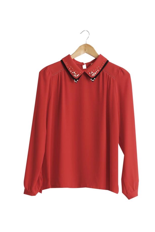 Hijab-Kleidung  T 3906 Lafaba Yakası Taşlı Bluz - TRENDTESETTÜR