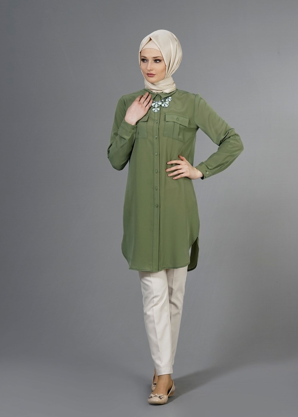 Vêtements hijab VERT T 3941 Lafaba Cepli Uzun Tunik