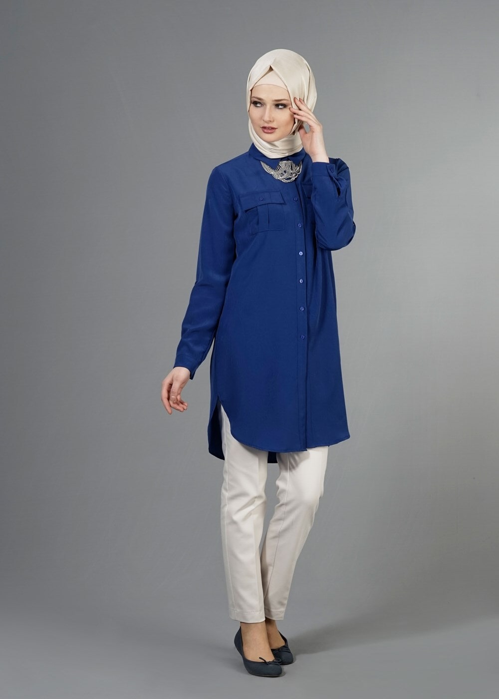Hijab clothing NAVY BLUE T 3941 Lafaba Cepli Uzun Tunik